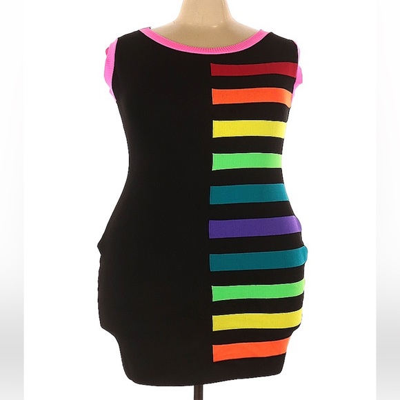 ELHOFFER DESIGN Pride Rainbow Fitted Knit Sheath Mini Dress Sleeveless Black - Picture 6 of 14